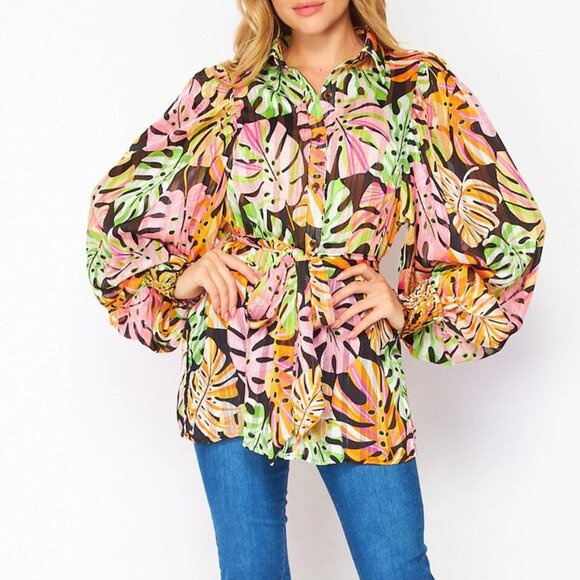 Women's Long Sleeve Button Up Leaf Print Shimmer Blouse Multicolor - Picture 1 of 8